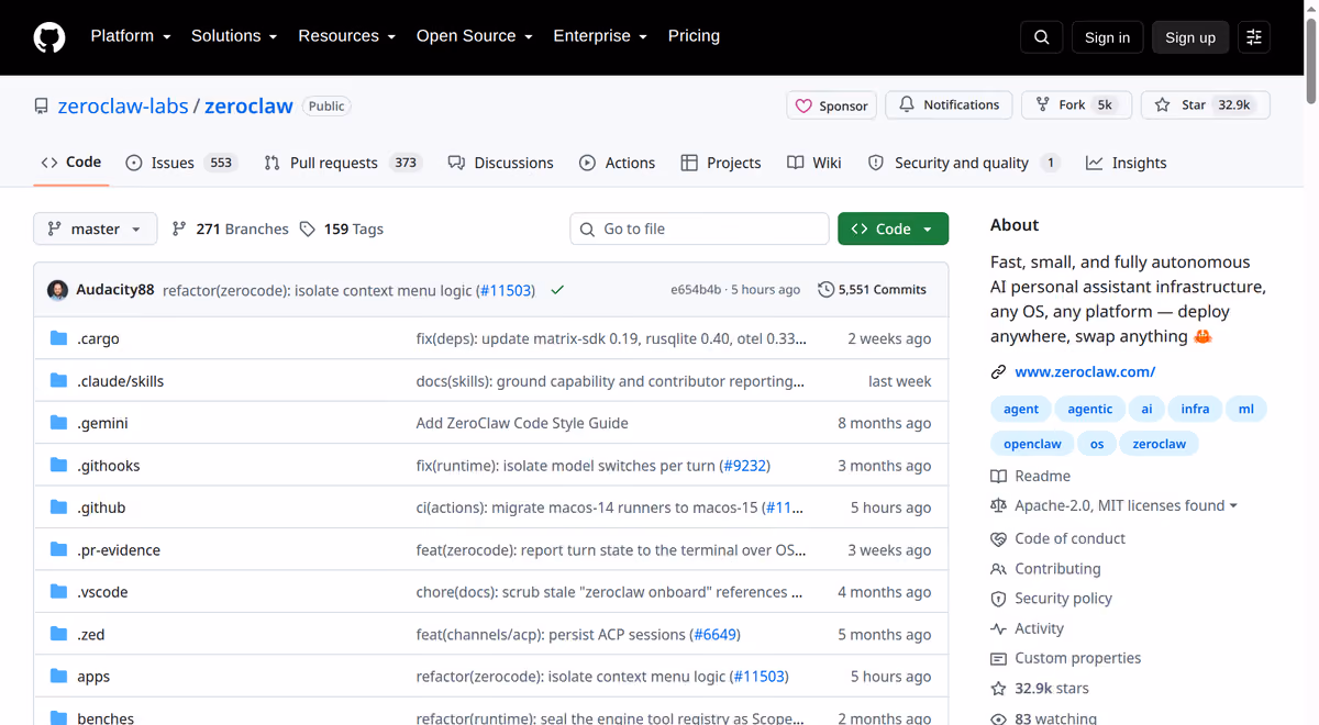 "مستودع ZeroClaw على GitHub: أكثر من 32 ألف نجمة و5 آلاف fork و153 إصداراً منشوراً، مع وصف المشروع كبنية تحتية لمساعد ذكي شخصي مستقل يعمل على أي نظام — المصدر: github.com/zeroclaw-labs/zeroclaw"