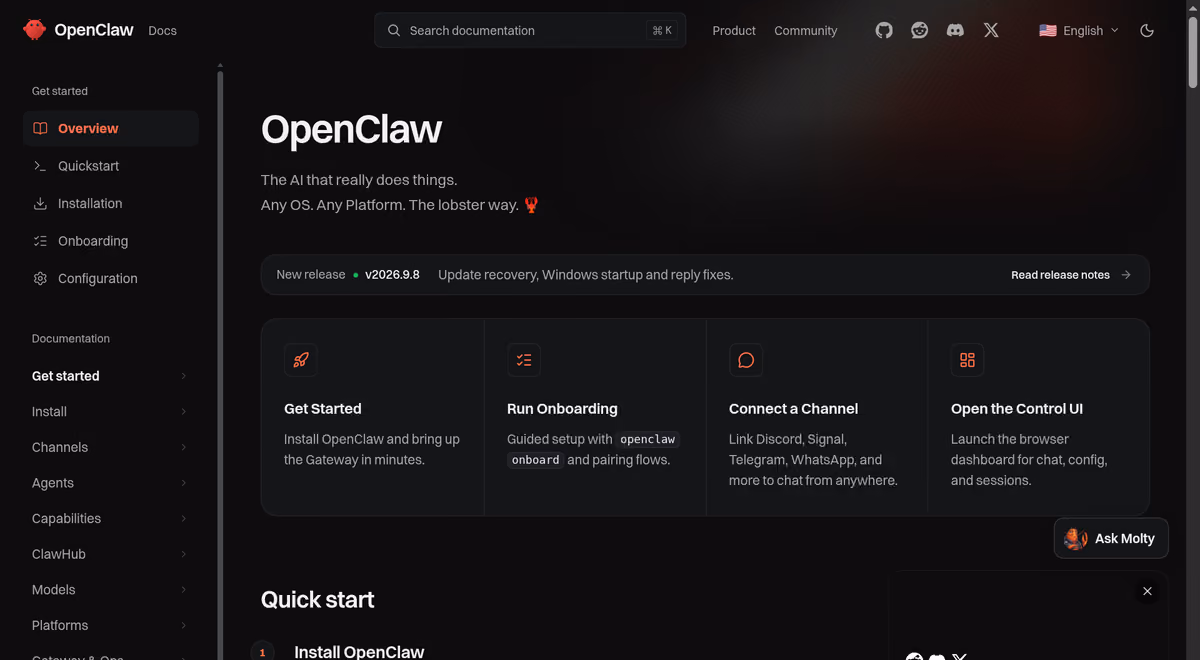 "الصفحة الرئيسية لتوثيق OpenClaw الرسمي مع دليل البدء السريع وأحدث إصدار v2026.9.8 والقنوات المدعومة من ديسكورد وسيمال وتيليجرام وواتساب — المصدر: docs.openclaw.ai"