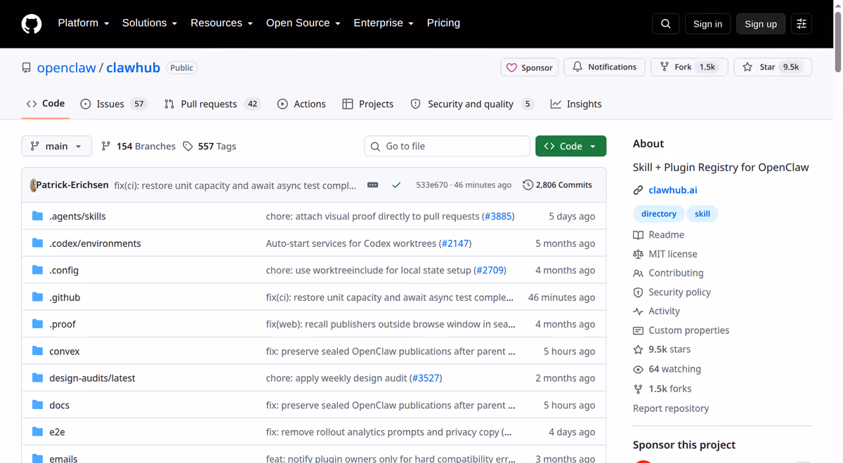"مستودع ClawHub على GitHub: سجل المهارات والإضافات الرسمي لمنصة OpenClaw بأكثر من 9.5 آلاف نجمة و133 مساهماً وترخيص MIT — المصدر: github.com/openclaw/clawhub"