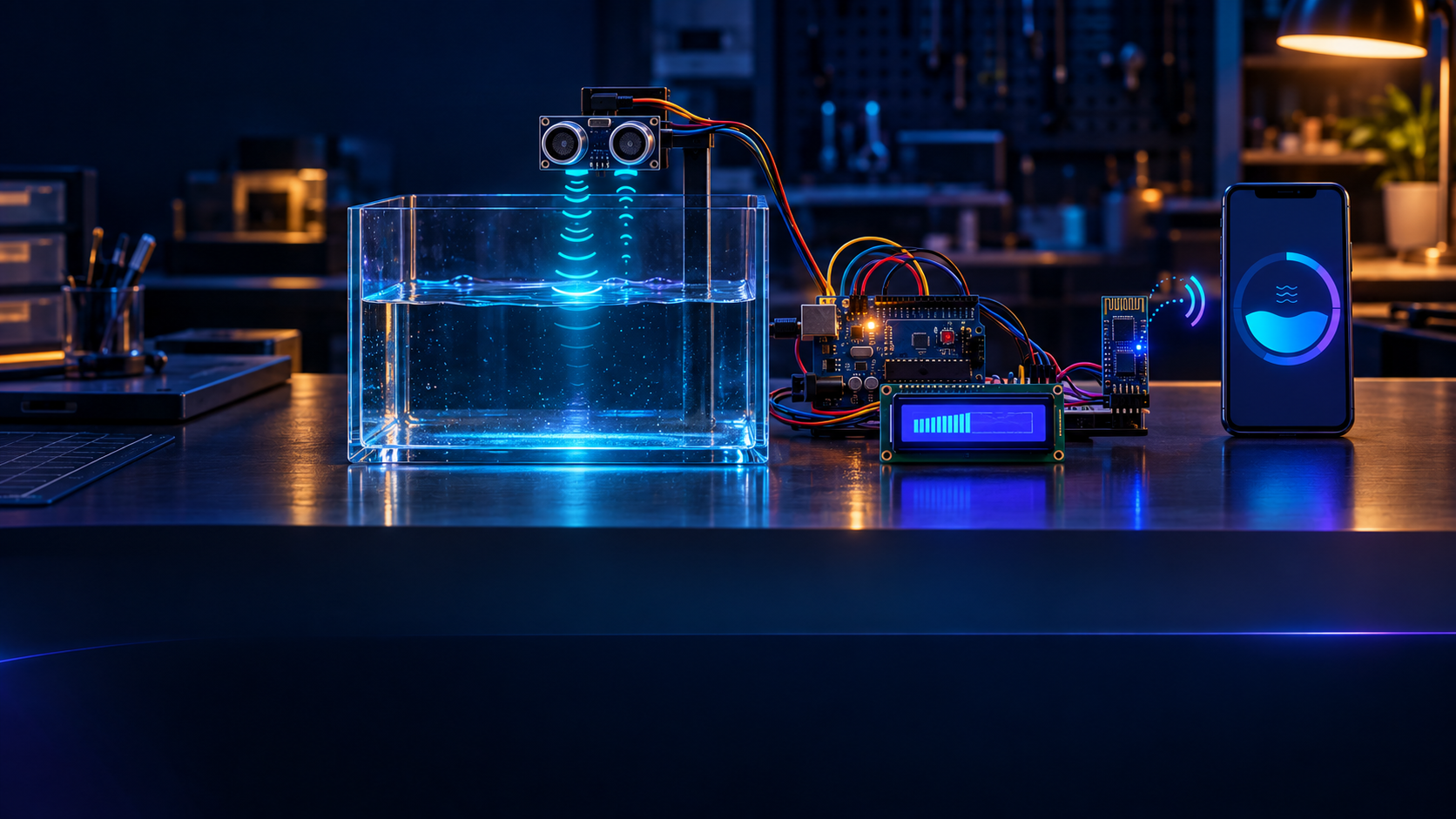 نموذج قياس مستوى الماء باستخدام Arduino Nano ومستشعر فوق صوتي وشاشة LCD